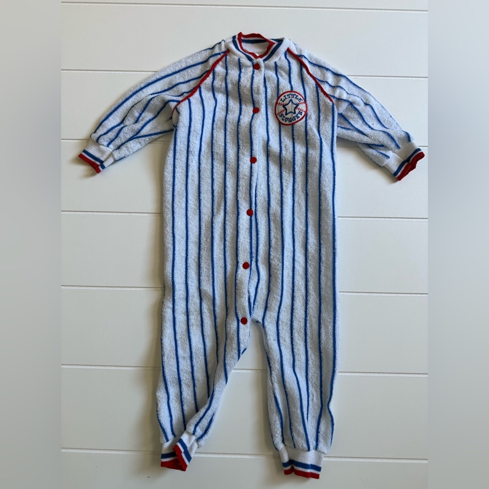 Vintage Striped Blue and White Kids Footie with Red Accents